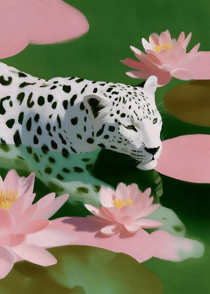 White Leopard in Water Lilies