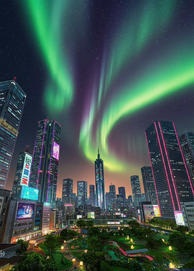 Futuristic Cityscape with Aurora Borealis