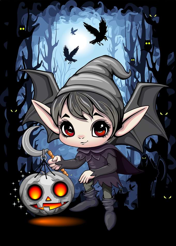 Cute Halloween Bat-Winged Elf with Pumpkin