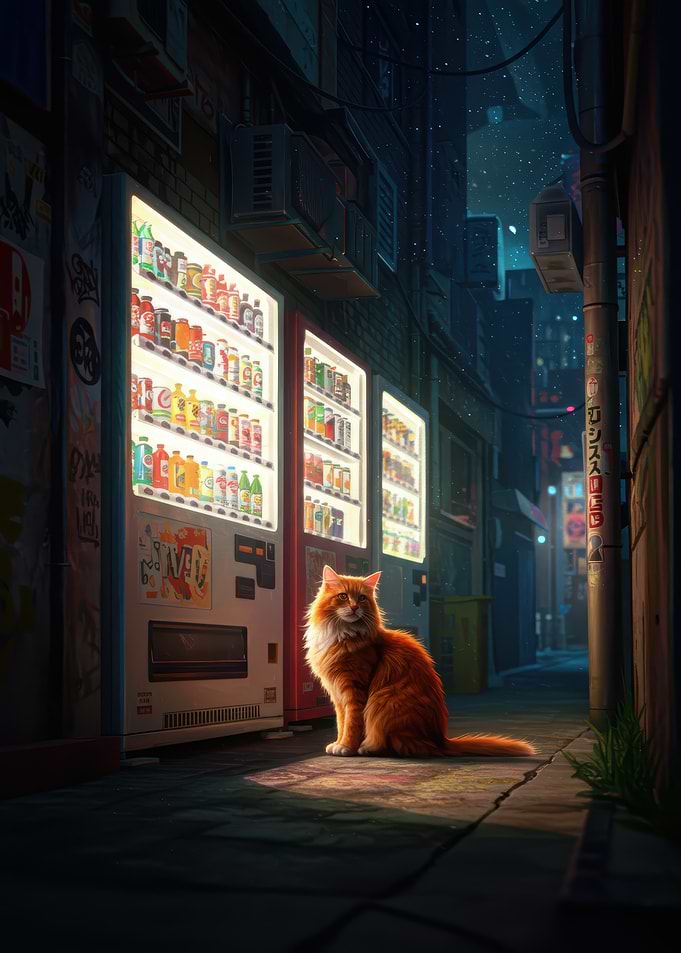 Cat in Japanese Alley by Vending Machines