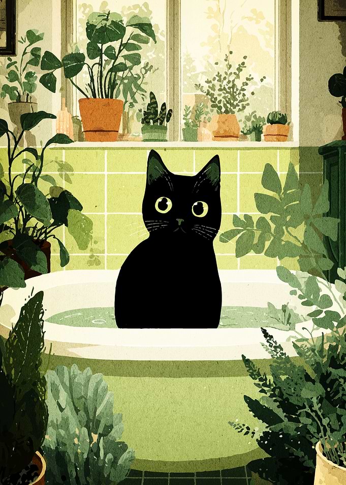 Black Cat in a Green Bathroom
