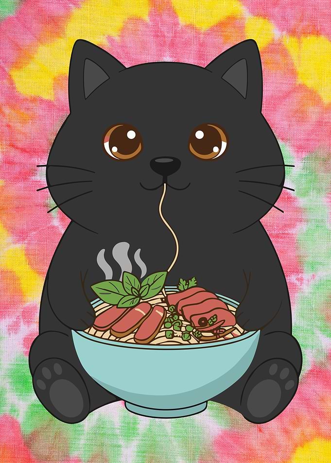 Kawaii Black Cat Ramen – Cute Cat Eating Japanese Noodles