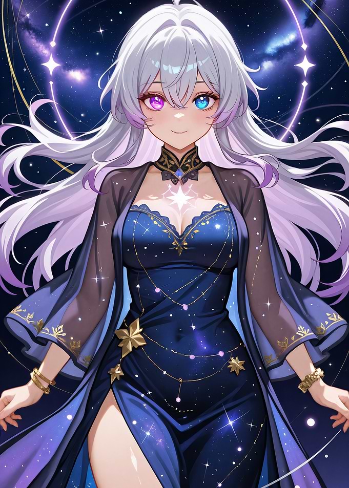 Anime Girl with Heterochromia and Starry Dress