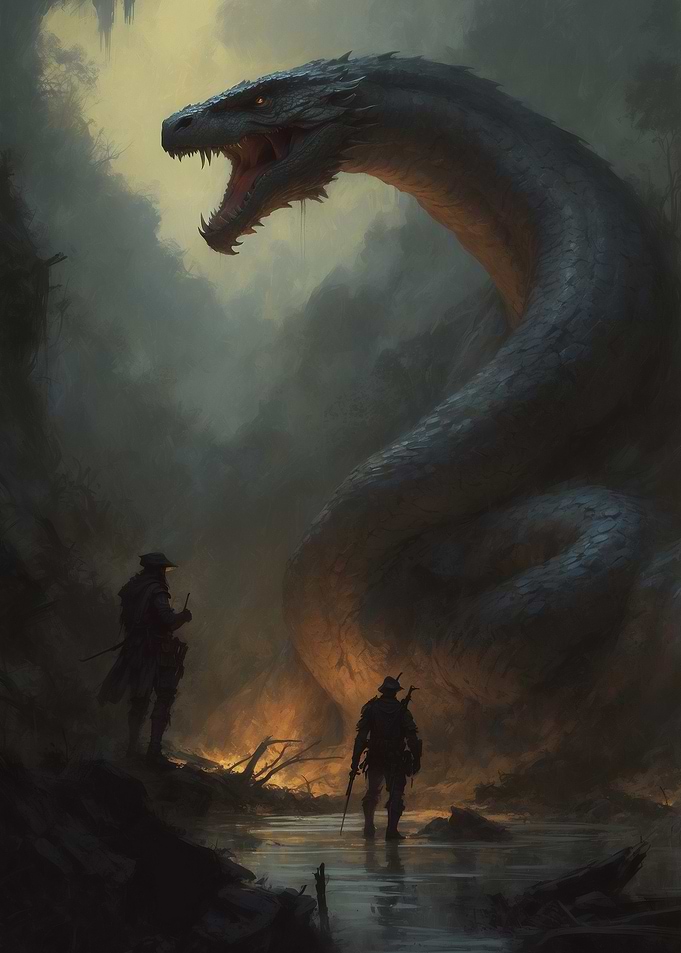 Giant Snake Encounter in Fantasy Landscape