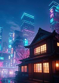 Cyberpunk Japanese House with Neon Cityscape