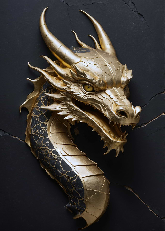 Golden Dragon Head Sculpture on Dark Background
