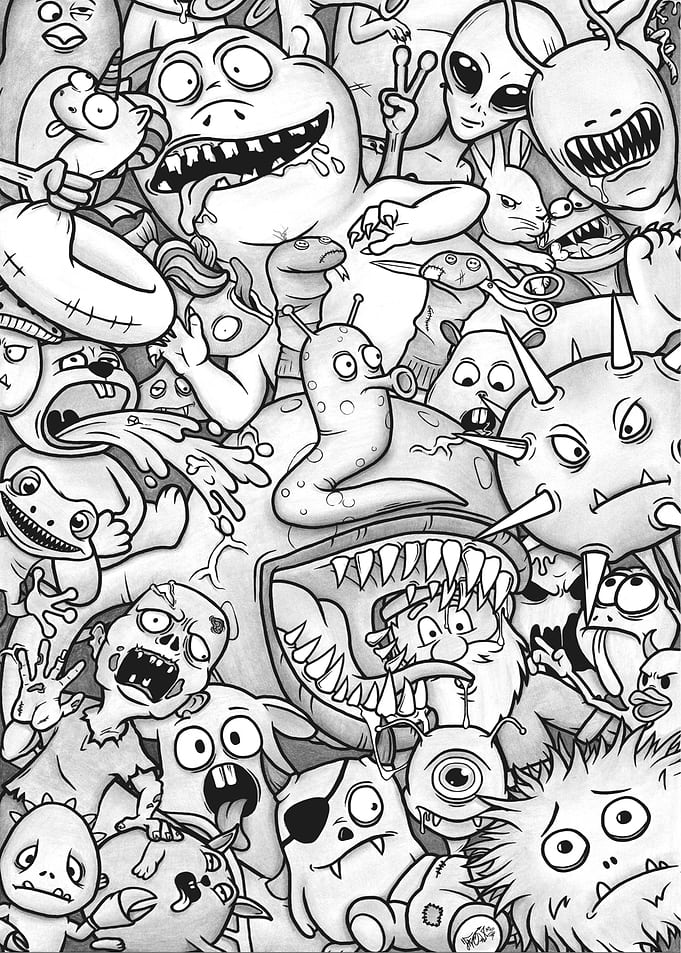 Monochrome Monster Mash Doodle Art