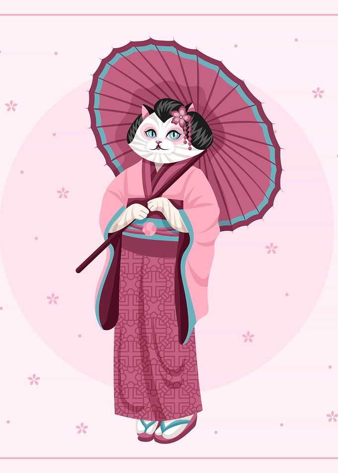 Cat Geisha with Umbrella Illustration