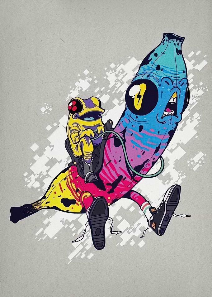 Frog Riding Banana Character Illustration