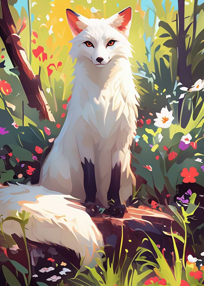 White Fox in Floral Meadow