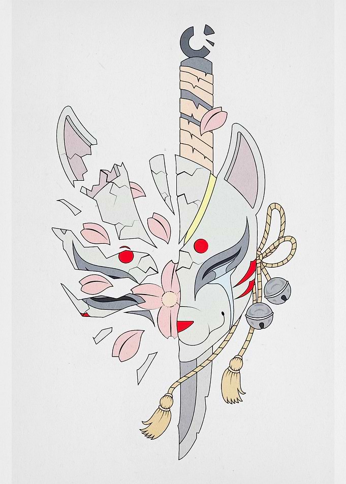 Broken Kitsune Mask with Sword