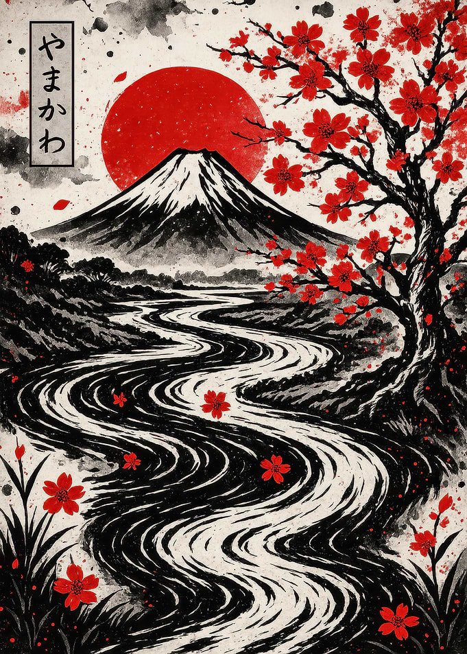 Japanese Landscape with Mountain and River