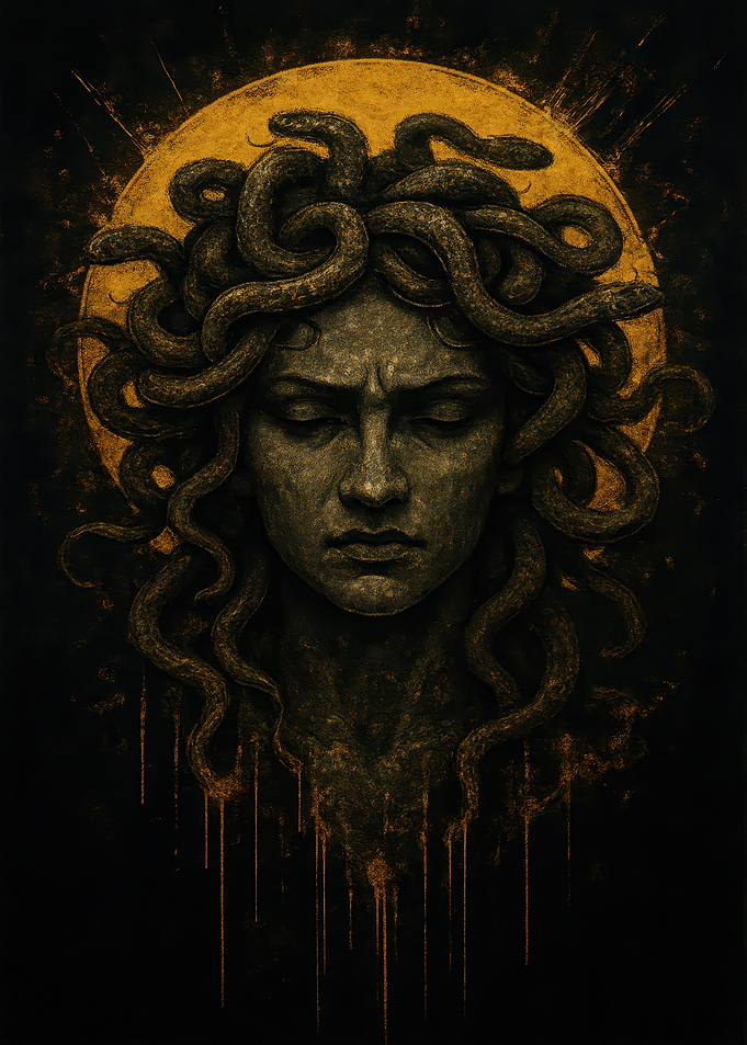 Medusa Portrait with Snakes and Golden Halo
