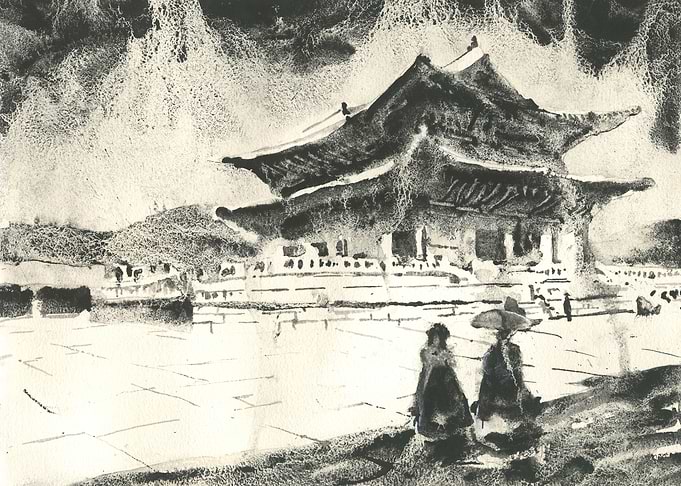 Gyeongbokgung Palace Seoul Korea monochromatic watercolor landscape