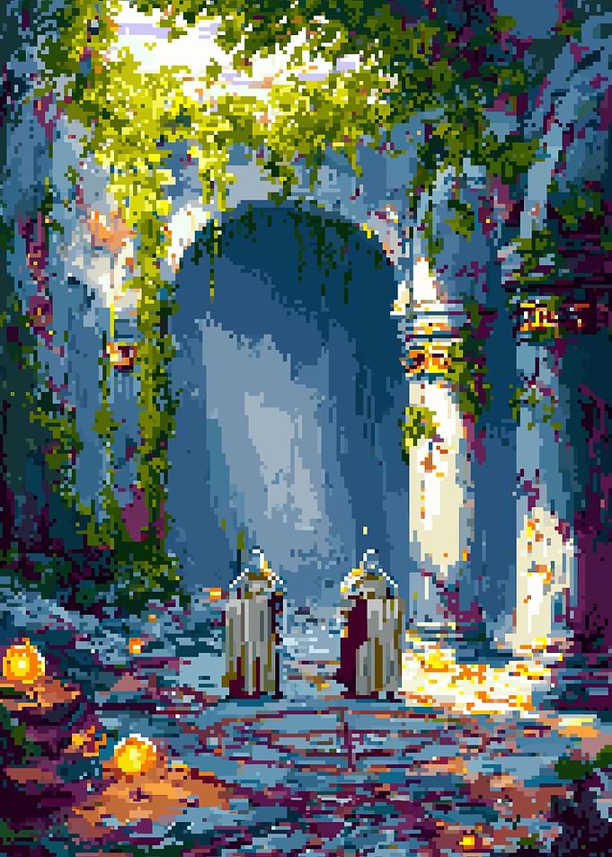 Pixel Art: Monks in Ancient Ruins