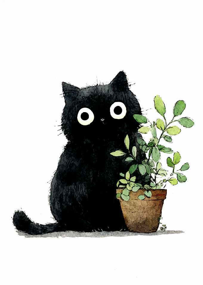 Black Cat with Plant Watercolor Illustration