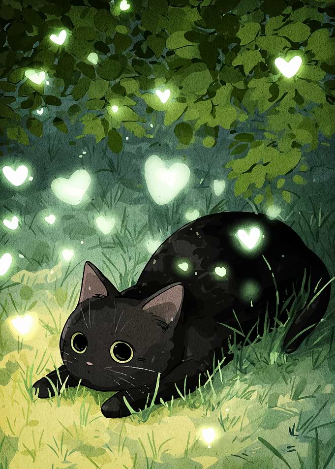 Black Cat in Heart-Lit Meadow