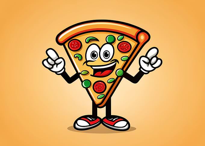 Happy Pizza Slice Mascot — Cartoon Character with Sneakers on Orange Background