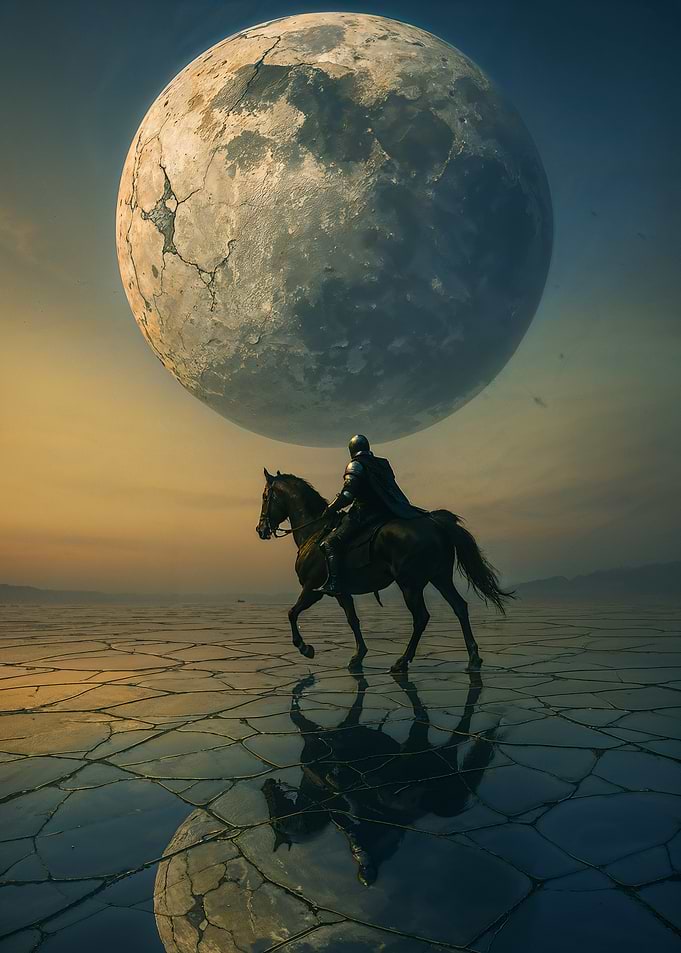 Knight on Horseback Under Giant Moon
