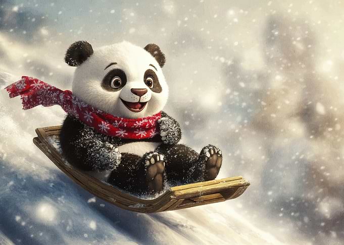 Panda Sledding in Winter Wonderland