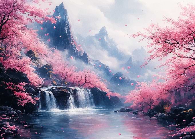 Cherry Blossom Waterfall Landscape Painting