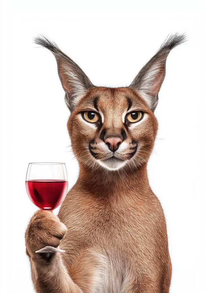 Caracal cat with wine glass