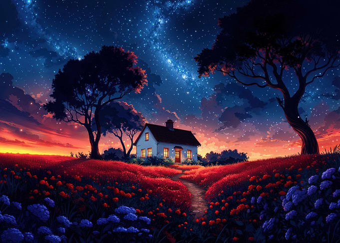 House in a Field at Night
