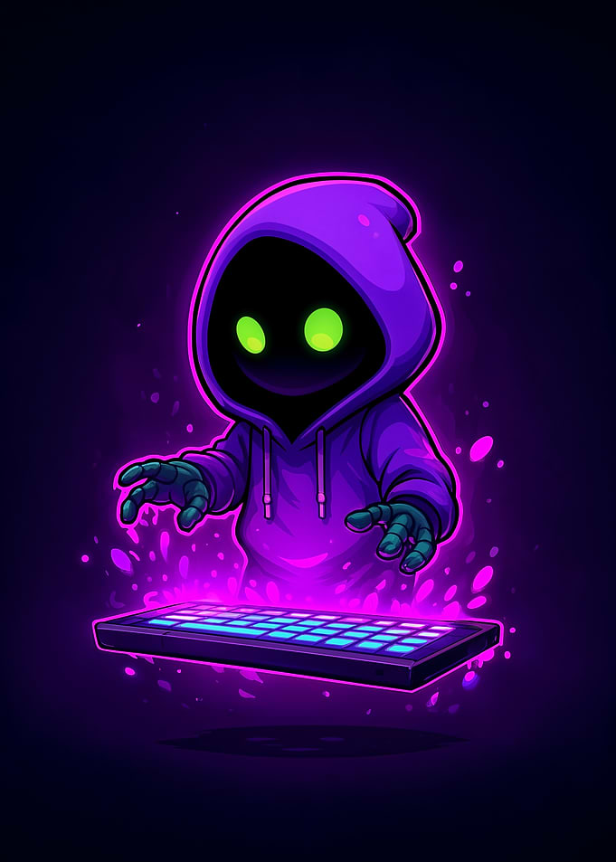 Hooded Figure with Glowing Keyboard