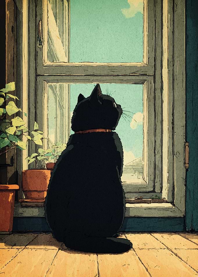 Black Cat Gazing Out Window