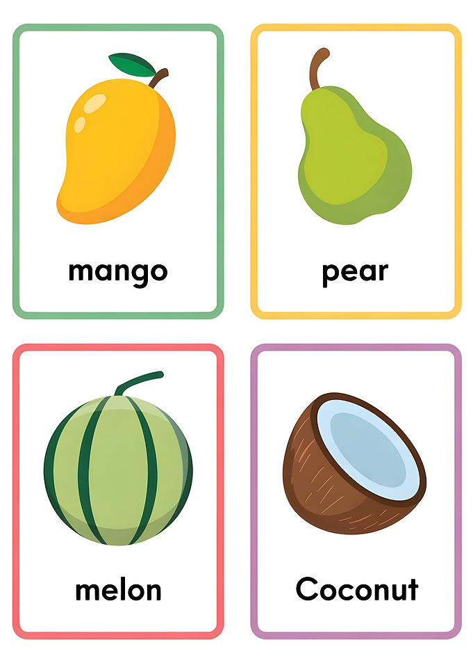 Fruit Flashcards: Mango, Pear, Melon, Coconut