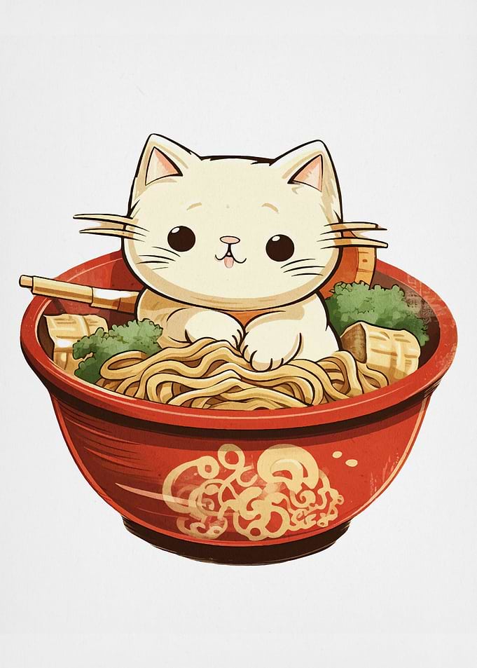 Cat in Ramen Bowl Illustration