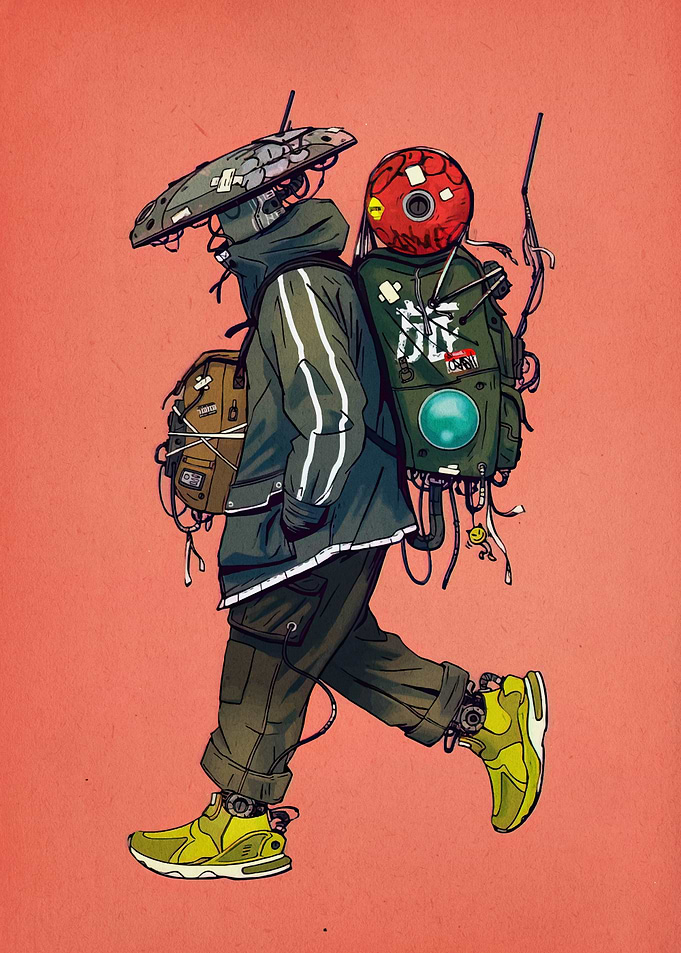 Cyberpunk Walker with Backpack and Gadgets
