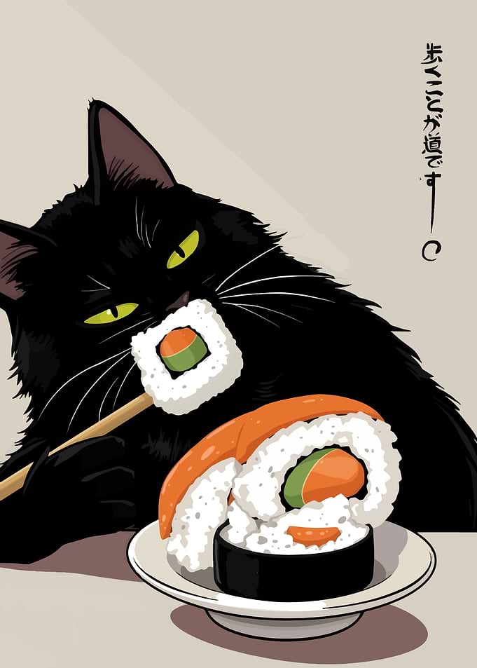 Black Cat Eating Sushi Illustration