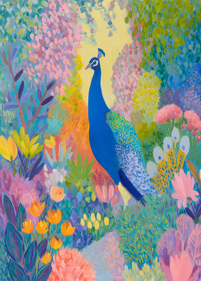 Peacock in a Colorful Garden Painting