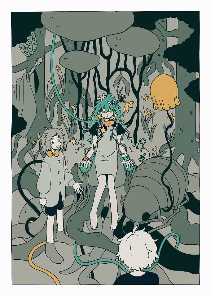 Forest Encounter with Figures and Insect