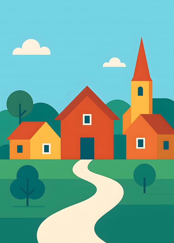 Colorful Village Illustration with Church