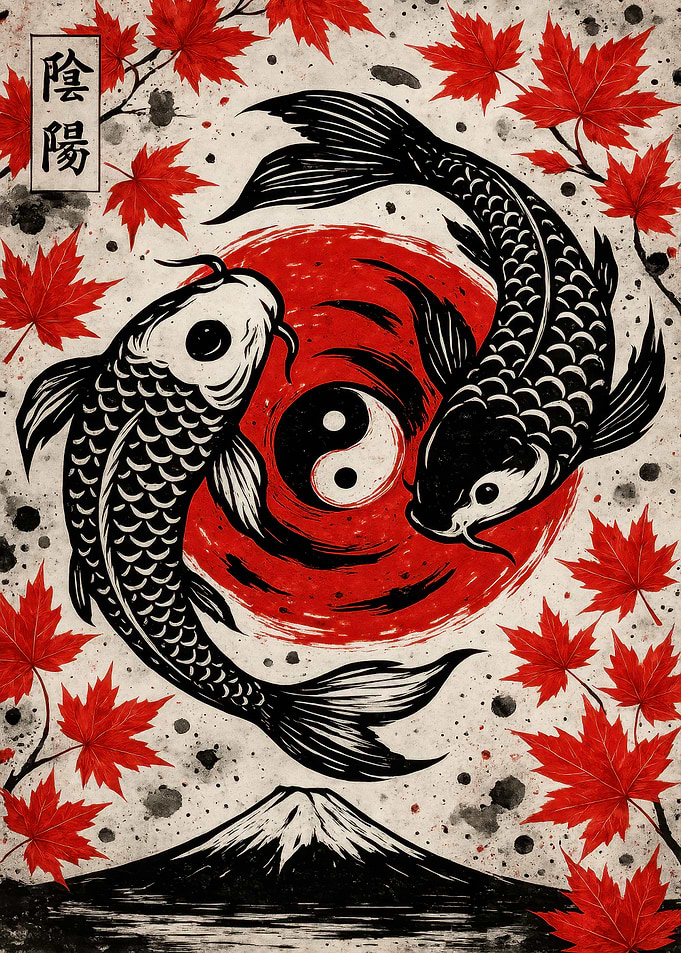 Yin Yang Koi Fish with Maple Leaves