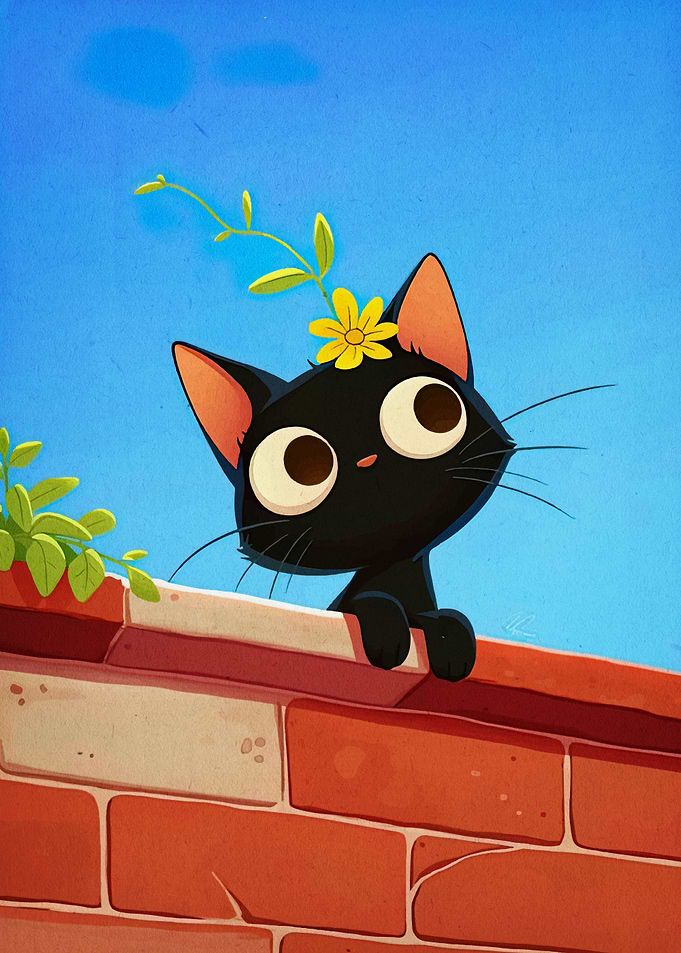 Cartoon Black Cat with Flower
