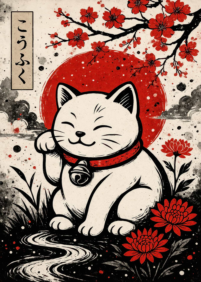 Maneki Neko with Cherry Blossoms
