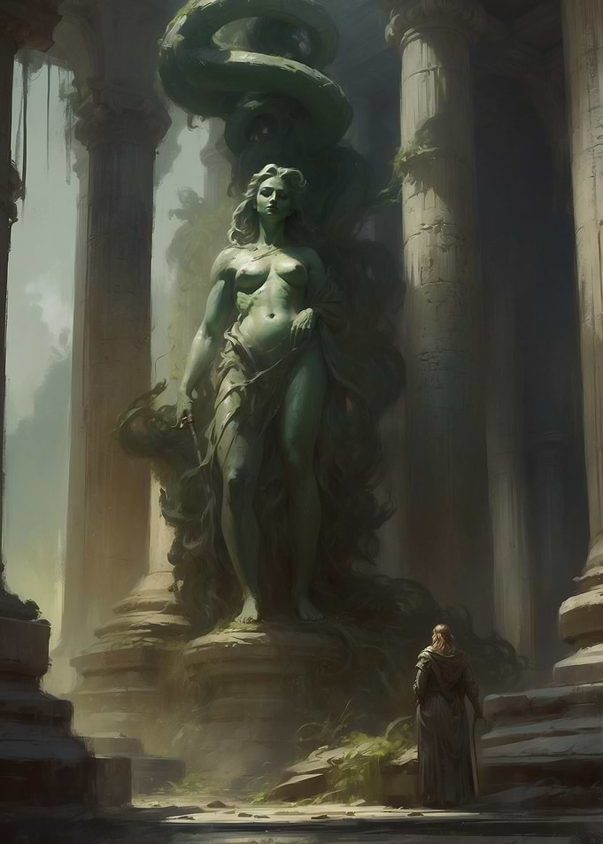Ancient Statue with Snake and Figure