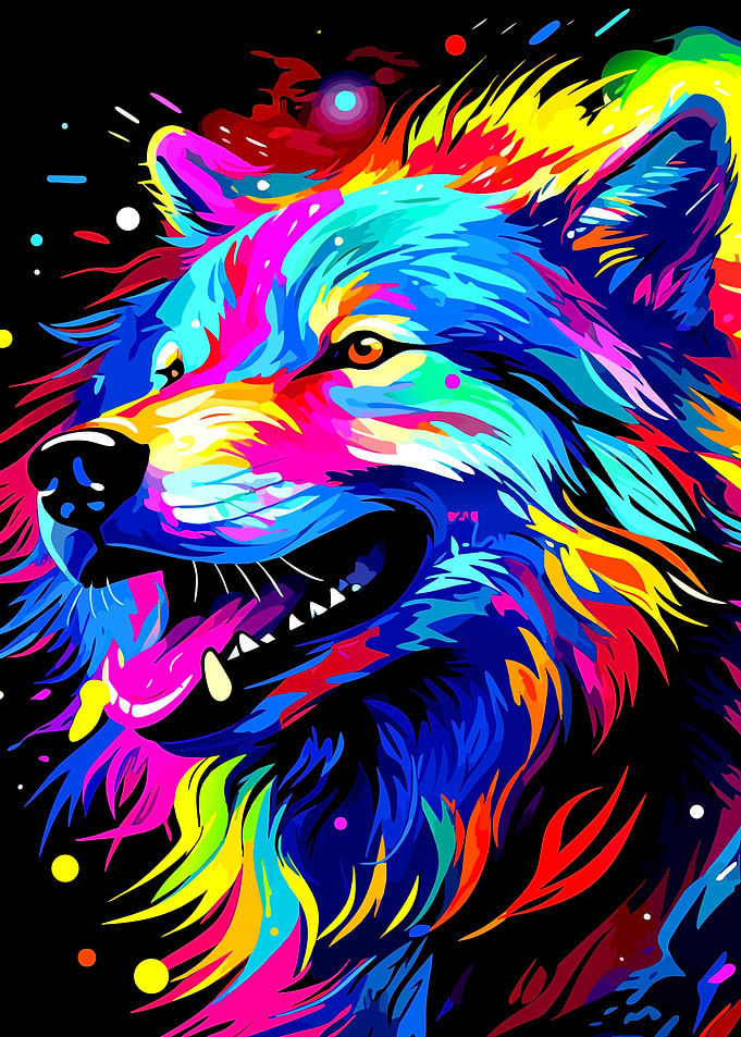 Colorful Wolf Portrait on Black Background