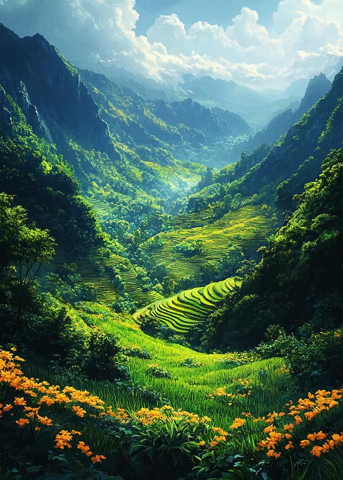 Lush Green Valley with Rice Terraces
