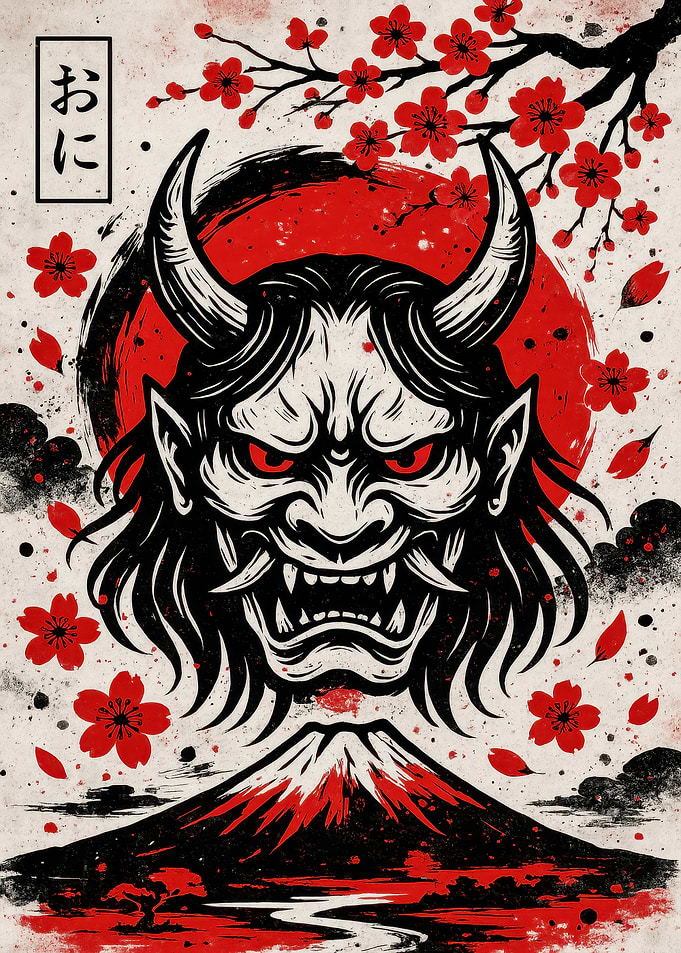 Japanese Oni Mask with Mount Fuji