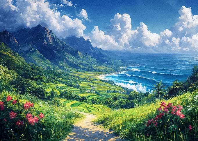Lush Coastal Landscape Painting