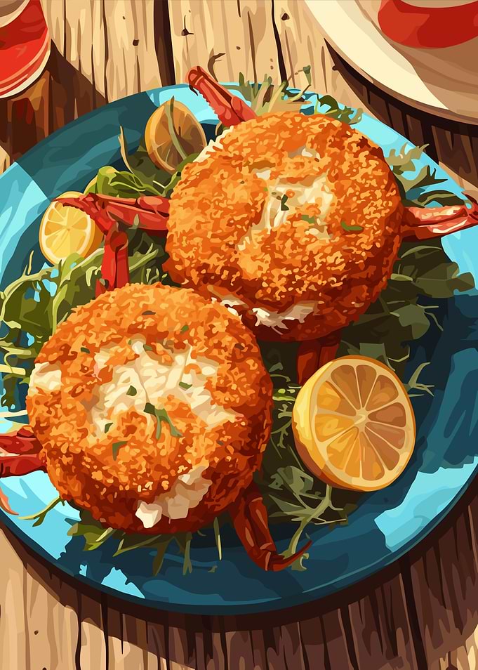 Crab Cakes with Lemon on Blue Plate