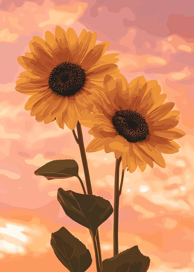 Two Sunflowers Against a Sunset Sky