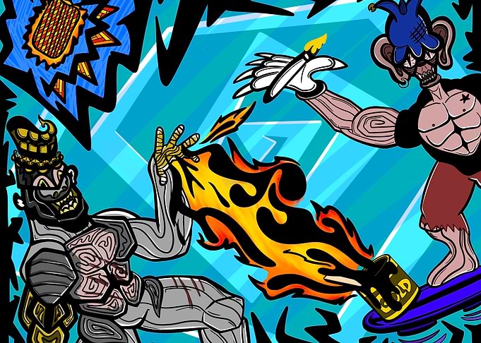 Surreal Cartoon Battle with Fire