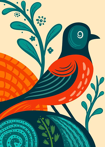 Stylized Bird Illustration with Floral Elements