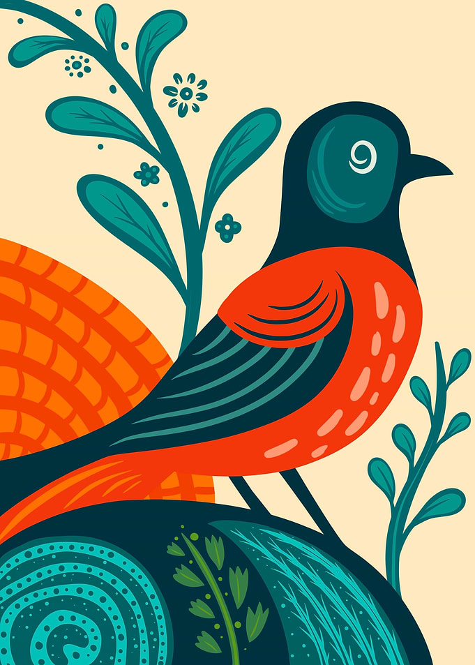 Stylized Bird Illustration with Floral Elements