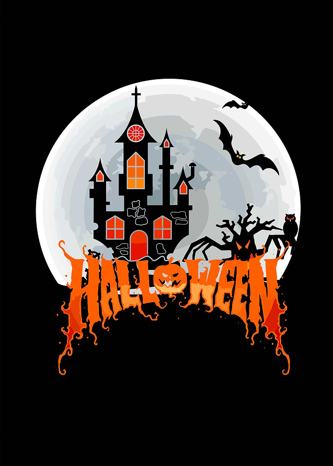 Halloween Castle with Moon and Bats